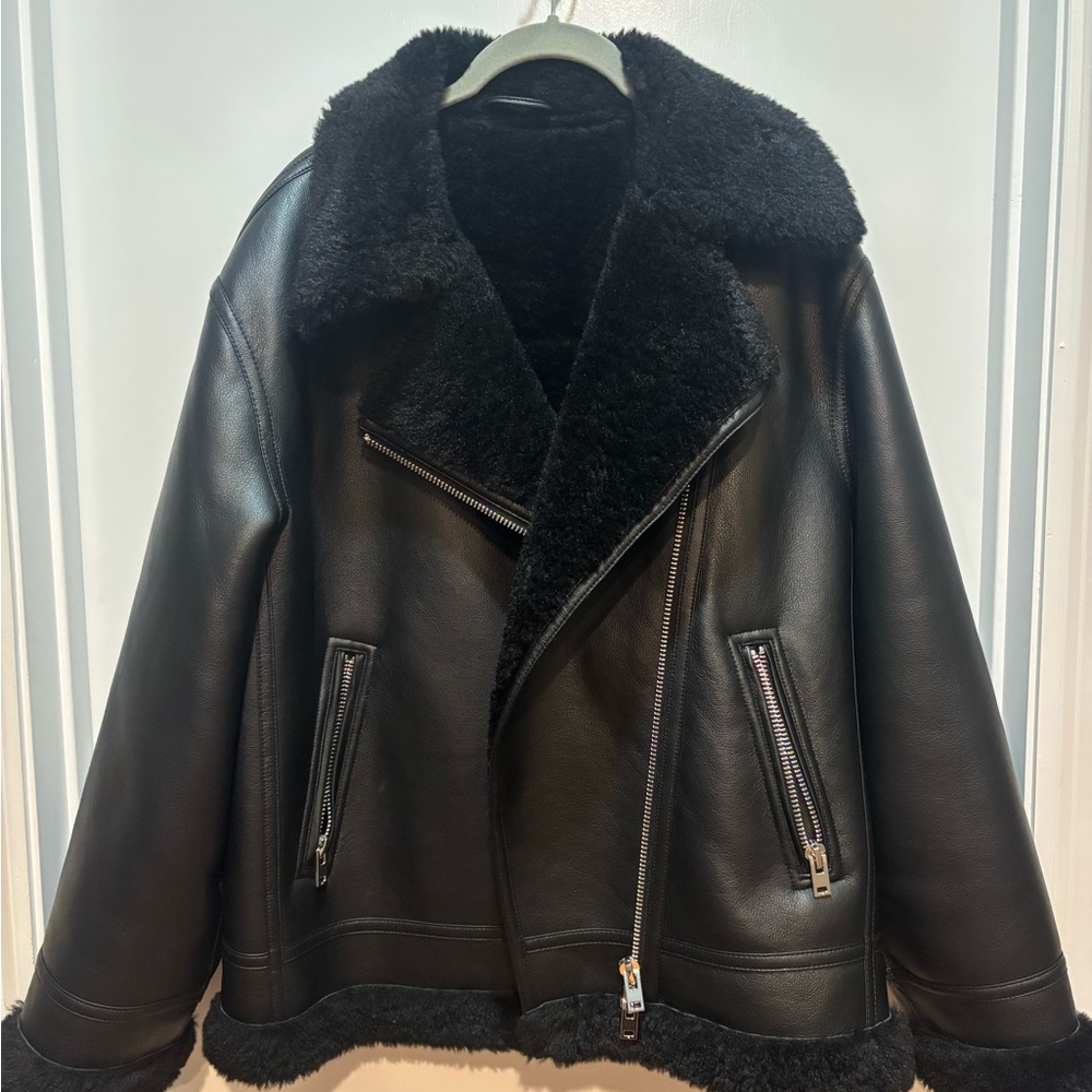 Mango Black Vegan Leather Shearling Jacket